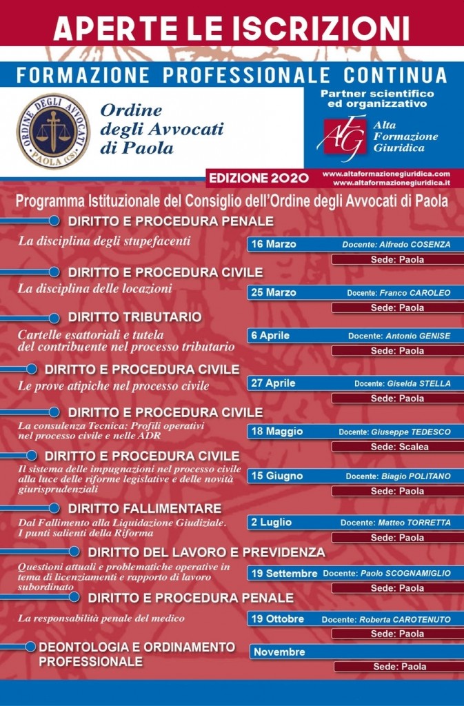 Programma Seminari Formazione Permanente Avvocati anno 2020 Foro di Paola (CS)