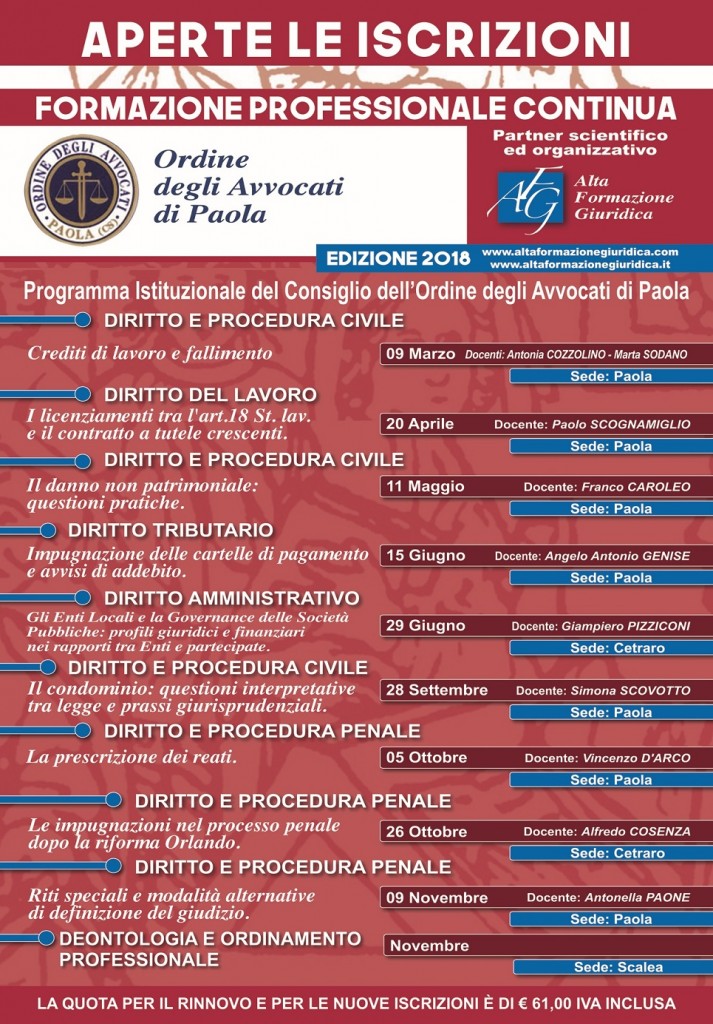 Calendario Formazione Continua Foro di Paola 2018