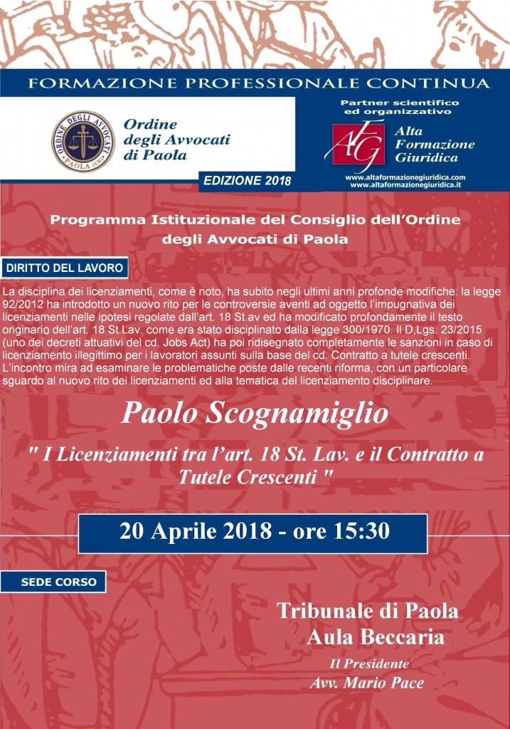 Seminario 20 aprile 2018 Formazione Permanente Avvocati – I licenziamenti tra l’art. 18 St. lav. e il contratto a tutele crescenti.