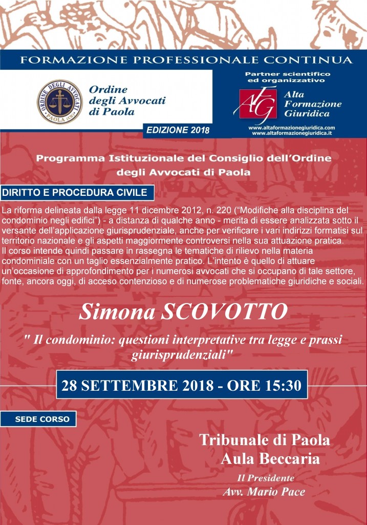 Seminario Formazione Permanente Paola – 28 Settembre 2018 – ” Il condominio…”