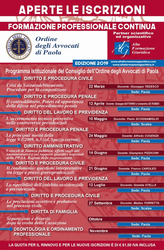 Calendario Formazione Continua Foro di Paola 2019