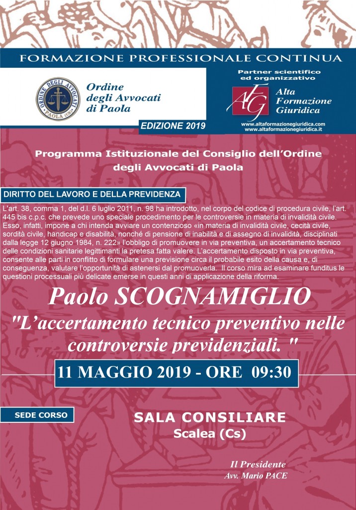 Seminario Formazione Permanente Scalea  – 11  Maggio 2019 – ”L’accertamento Tecnico Preventivo nelle Controversie Previdenziali “