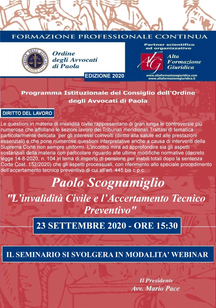 ”L’invalidità Civile e l’Accertamento Tecnico Preventivo “ WEBINAR 23/09/2020